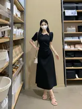 レディース 夏用 ラウンドネック レースデザインの黒ワンピース【ウエスト絞り・大きい サイズ・シンプルスタイル】