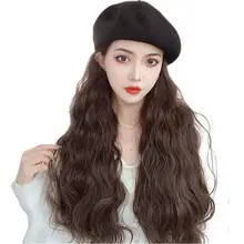 おしゃれなベレー帽付きロングウィッグ【自然な水波ウェーブ・秋冬用】