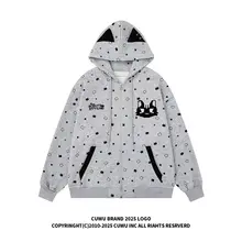 刺繍入り猫柄フルプリントフード付きカーディガン【春用・グレー・ユニセックス・ゆったりデザイン】