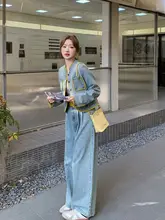 セットアップ 2点セット レディース デニム ワイドパンツ バイカラーパイピング ヴィンテージ きれいめ 上品 韓流 春 秋
