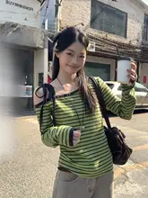 アボカドグリーンストライプワンショルダー長袖Tシャツ【女性用・スリムフィット・春用・リベット付き】