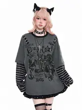 長袖Tシャツ レディース パッチワーク フェイクレイヤード ヴィンテージ ストリート Y2K ルーズ 着痩せ 春