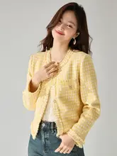 秋季 フランス風 イエロー ショート ツイードコート【エレガント・フリンジデザイン】