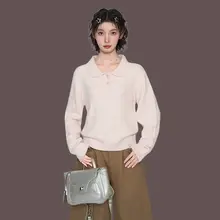 ピンクのポロ風トップス【ドールカラー・長袖・ニット・秋冬用・ゆったり・インナーに最適】