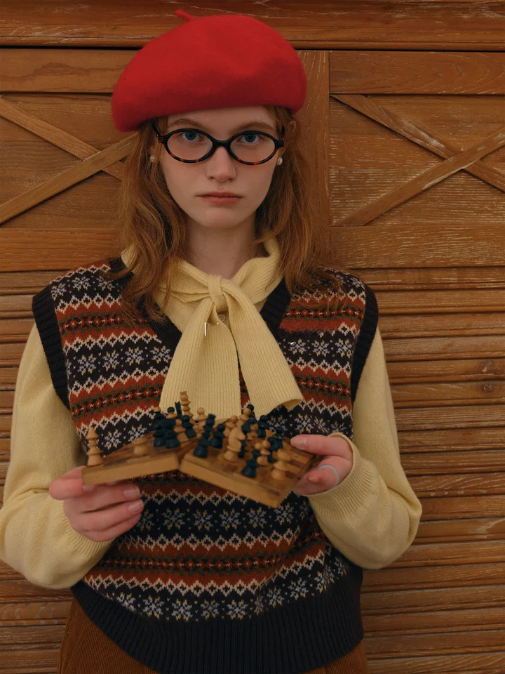 羊毛製 レトロデザインの重ね着用ニッ  トベスト【シンプルな通勤スタイル】