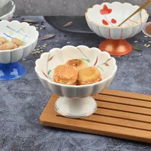 手描きデザインの高脚スイーツボウル【陶器製・アイスクリームやデザート用・高級感】