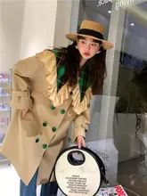 春季復古風フレンチスタイルのレース襟ダブルボタントレンチコート【中長丈・女性用】