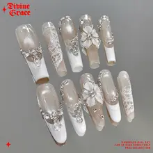 透過性のある彫刻レースデザイン フレンチネイル【高品質・手作り・着用タイプ】