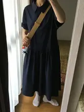 レトロデザインのポロ衿シャツワンピース【夏用・半袖・ネイビー】（セットアップ対応）
