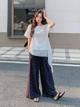 セットアップ 2点セット レディース メッシュトップス アシンメトリー プリントワイドパンツ 夏