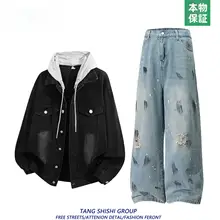 デニムカジュアルジャケット・パンツ【春秋用・フード付き・高級感あるデザイン】（セットアップ対応）