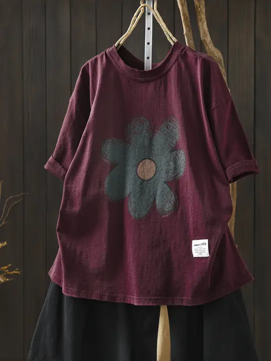 エレガントな花柄プリントコットン短袖Tシャツ【女性用】