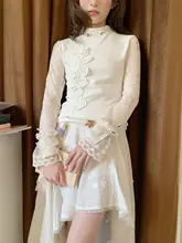 美しいレース刺繍の不規則デザイン！コットン製白色ハーフスカート