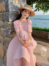 爽やかな感！ピンクのロングドレス【夏用・独特なデザイン・リゾートスタイル】