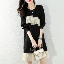 春秋用 バイカラー 長袖 クルーネック スリム感のあるゆったりとしたロングスウェット