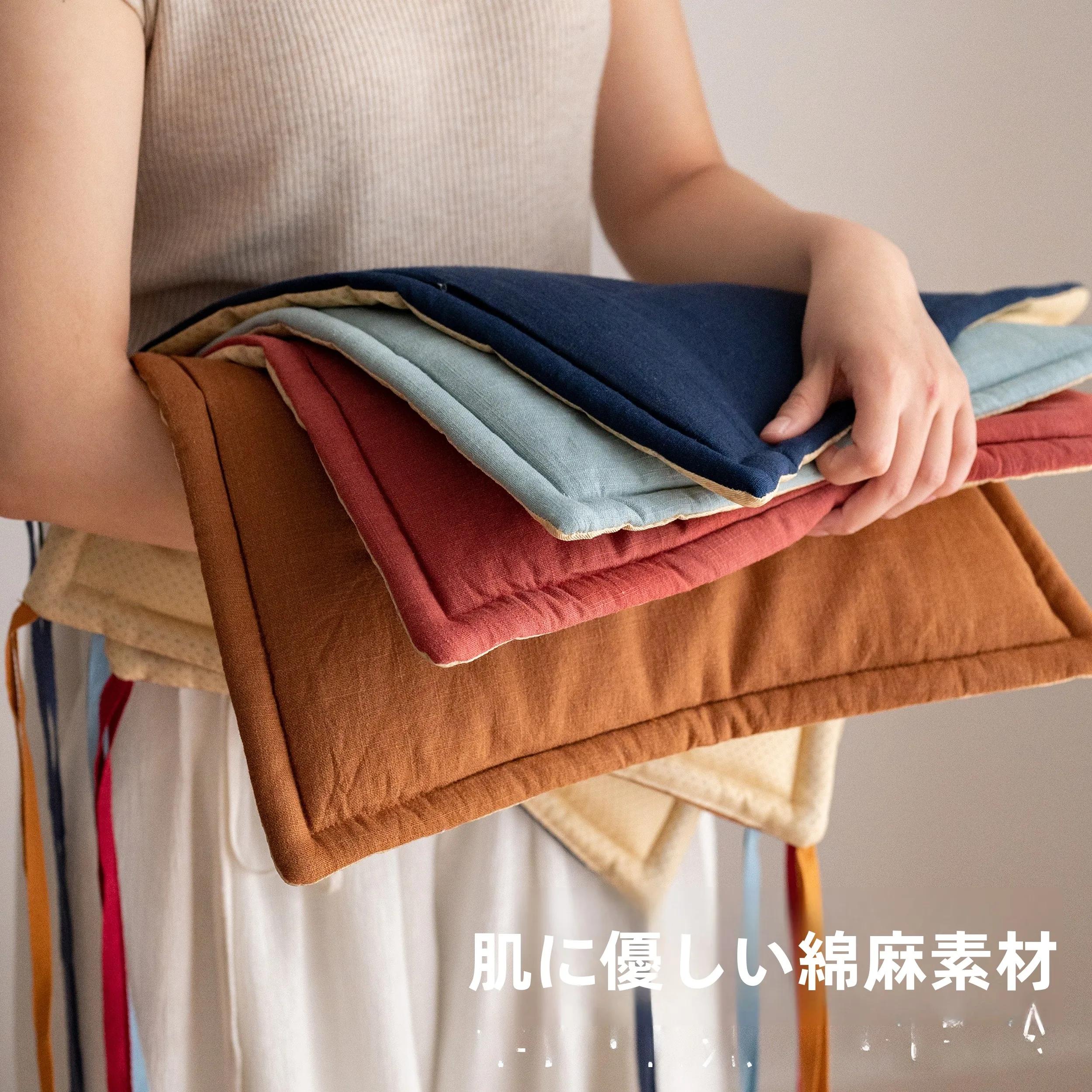 四色コットンリネンチェアマット：通気性と防滑設計で快適な座り心地を実現