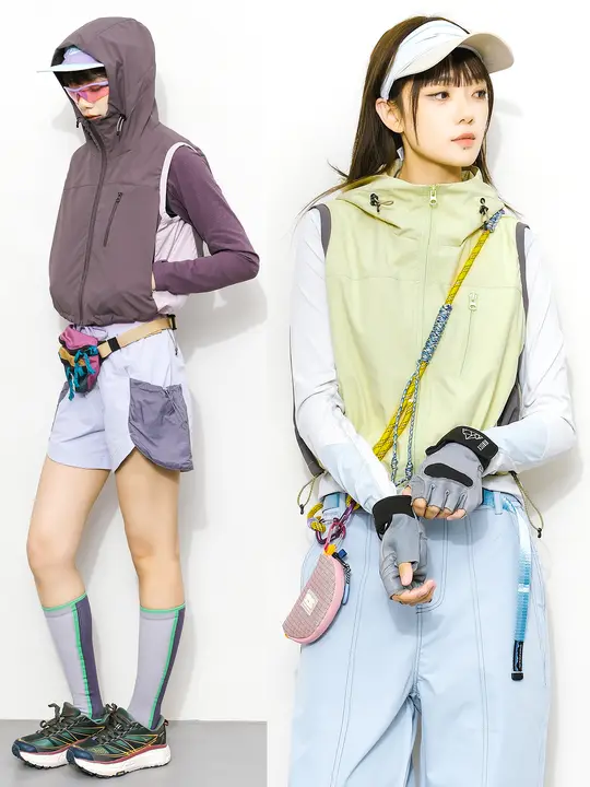 防水加工ダブルカラー メッシュライニングフード付きショートベスト【女性用・アウトドア・ハイキング・キャンプ】