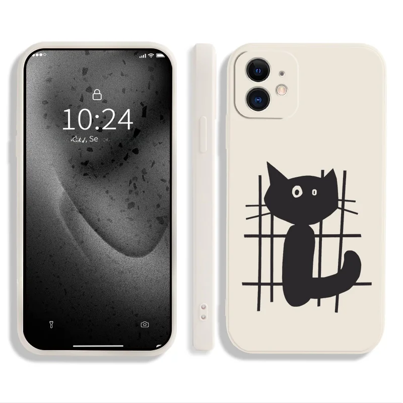 網目模様の黒い猫デザインのiPhone用マットスマホケース：一人暮らしのインスタ風ライフに最適な保護ケース