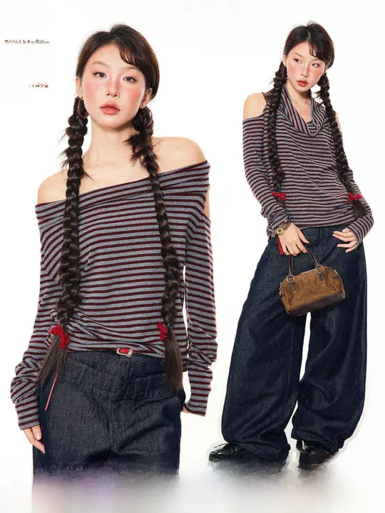 アメリカンスタイルのホットガールワンピースショルダー長袖Tシャツ女性用