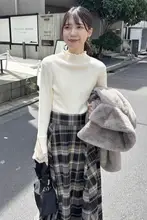 レース切り替えハイネック長袖ニットトップス【秋冬・女性用・甘美・ベーシック】