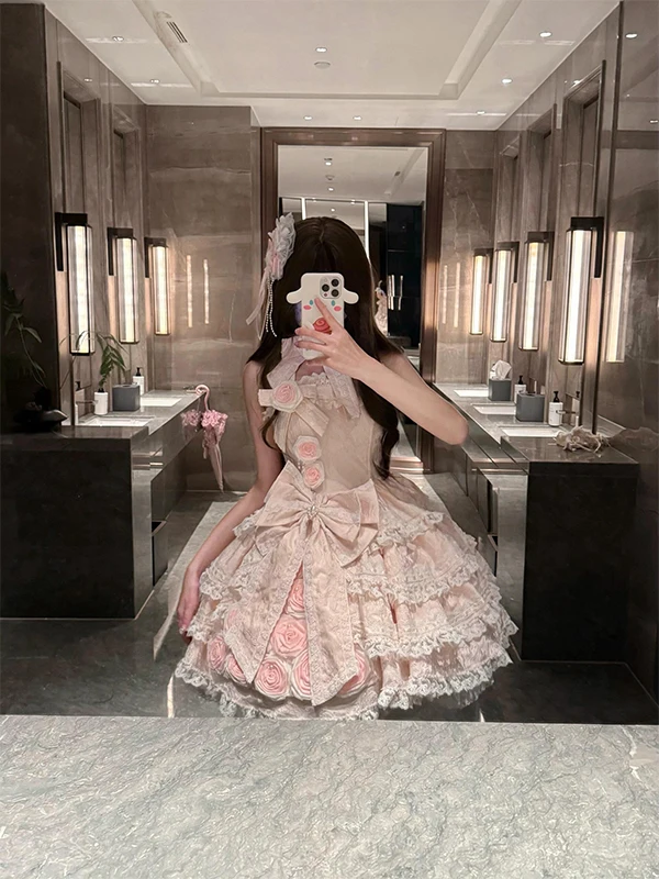 ピンクローズのロリータドレス【可愛いデザイン・華やかなプリンセススタイル】（セットアップ対応）