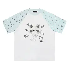 刺繍入り小猫星柄クルーネック半袖Tシャツ【ユニセックス・カジュアル・ゆったりタイプ】