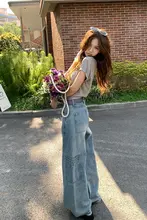 多ポケットデニムパンツ【夏用・薄手・カジュアルストレート・ワイドレッグ・女性用】（セットアップ対応）