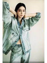 ZHOUMIAO コントラストカラー 切り替え クラシックウォッシュコットン ユニセックスデニムジャケット【ルーズストレートパンツ付き】