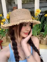 フリンジ付きストローハット【日焼け止め・夏用・平頂デザイン】