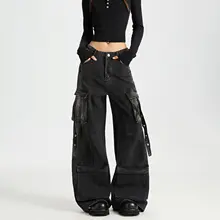 ワークデニムパンツ レディース ブラック ワイド ストレート ルーズ アメカジ ヴィンテージ 春