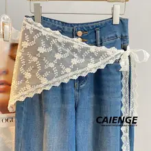 レース付きの女性用ハーフスカート【デニムパンツとの重ね着・トライアングルスカーフ・刺繍ウエストベルト】