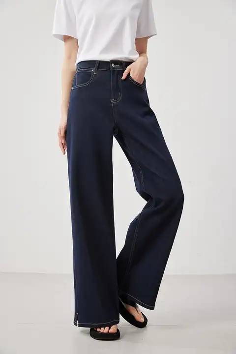 米家の高品質 デニムパンツ【ストレート・ダークブルー・快適・フロントスリット付き】