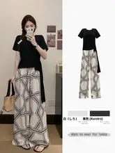 した夏のコーディネートに！デザイン性のある結び付き短袖トップスとユニークなスタイルのワイドパンツ（セットアップ対応）
