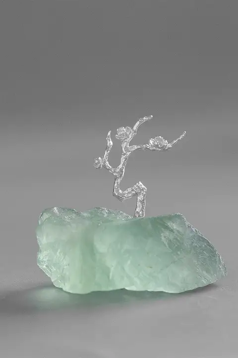 天然緑色フルオライト梅花茶台置物【茶席用・純銀S925製】