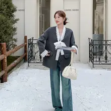 グレー レース付きリボン ダブルフェイスコート【女性用・カジュアル・冬向け】
