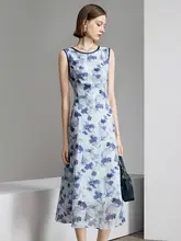 水墨印花デザインの女性用ワンピース【ブルー・タイトフィット・ラウンドネック・ノースリーブ】