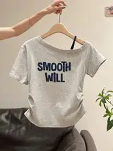 おしゃれなオフショルダー短袖Tシャツ【プリント・フリルデザイン・夏用】