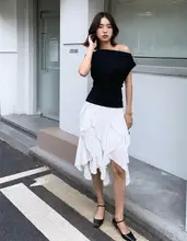 pusumede ホワイト 不規則デザインスカート【フリル付き・ミディ丈・女性用】