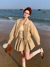 カキ色 フリルデザインジャケット付きミニスカート【春秋用・独特で美しいデザイン】（セットアップ対応）