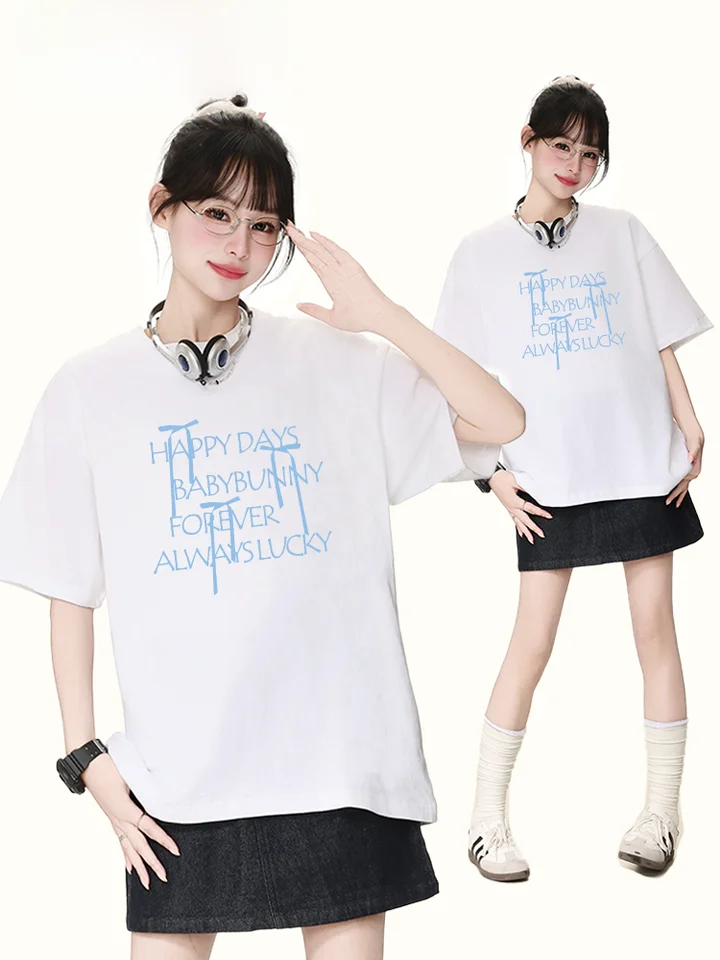可愛いリボン＆アルファベットプリントのコットン半袖Tシャツ【夏用・ゆったりシルエット】