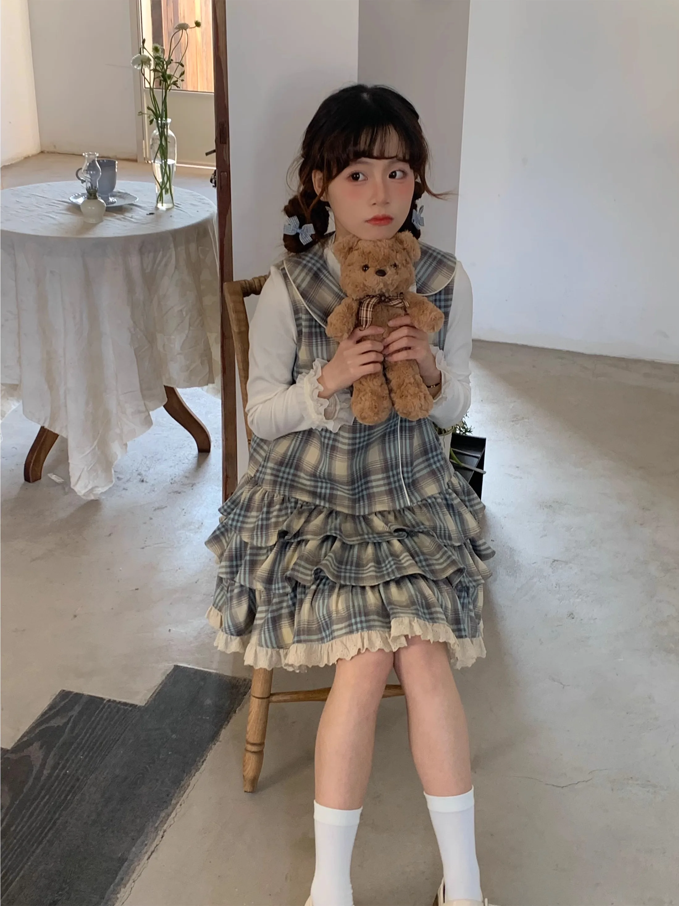 sinsingirl ヴィンテージ風ドールカラーチェック連衣裙【ラウンドネック・フリルレイヤー・背中開き】
