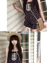 フラワープリントトゥブストラップオールインワンショートパンツ【ダブルボタン・リゾートスタイル】（セットアップ対応）
