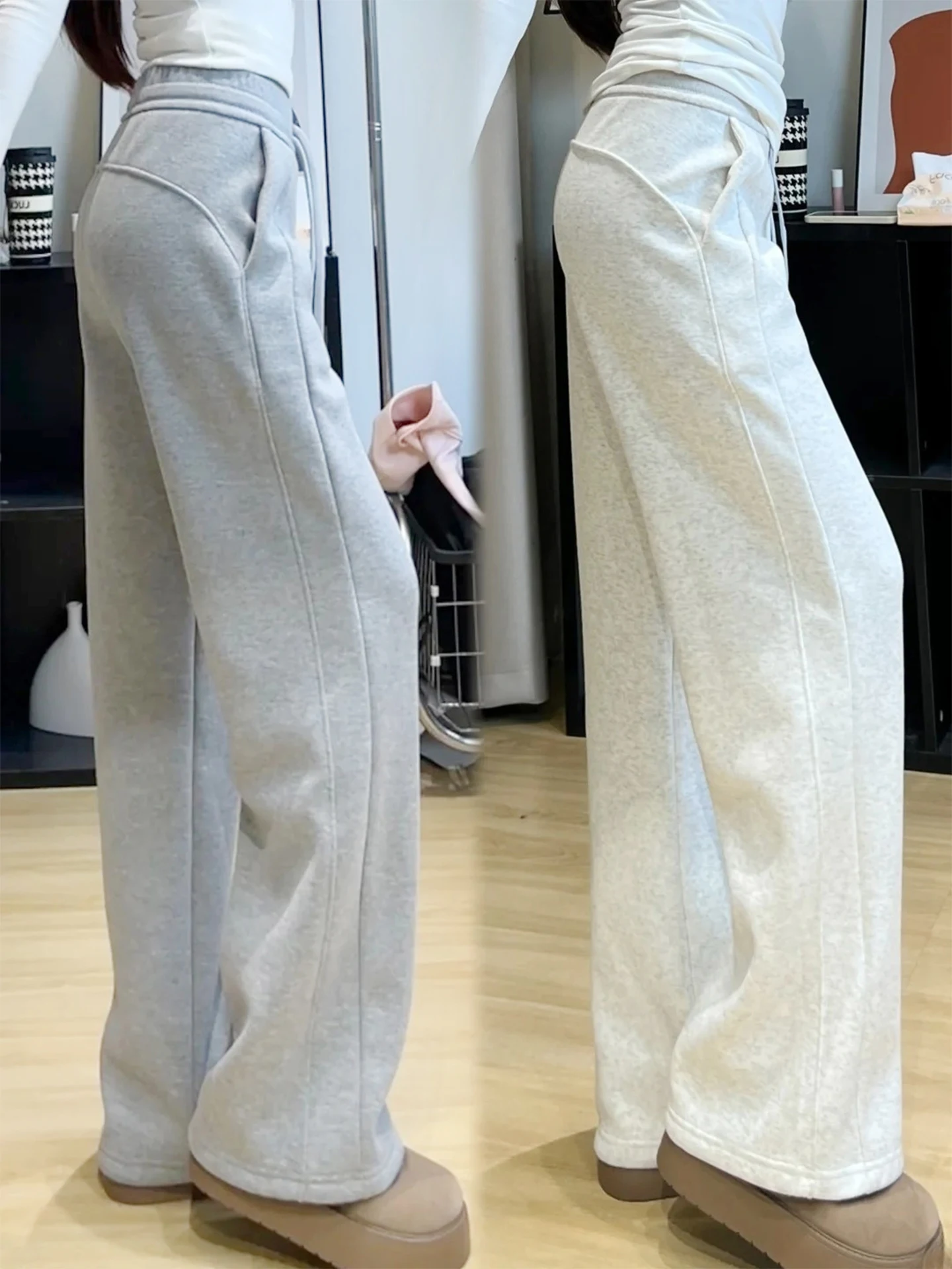 浅灰色レディーストレーニングパンツ：加毛・スリムレッグで快適な日常活動に最適