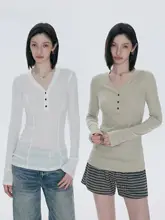 薄手リブニットVネック長袖Tシャツ【女性用・スリムフィット・ヘンリー衿】