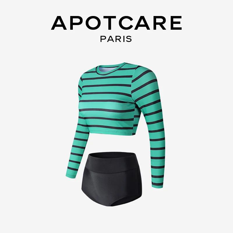 APOTCARE ストライプ柄長袖セパレート水着：女性用ショートパンツのスポーティデザインと通気性の実証