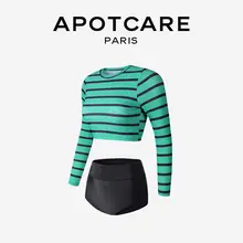 APOTCARE ストライプ柄長袖セパレート水着【女性用・ショートパンツ・スポーティデザイン】