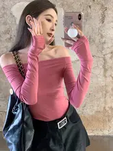ブラック オフショルダー長袖Tシャツ【春秋用・タイト・セクシー・ボディコン】