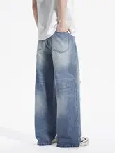 デニムパンツ メンズ ダメージ加工 ルーズ ワイド ストレート アメリカン風 ストリート カジュアル 夏「CHAN MONTH」