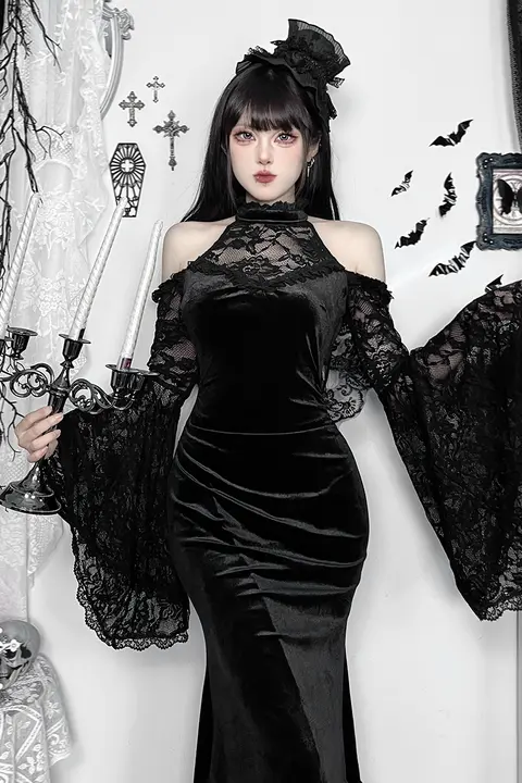 ゴシックウィッチコスプレドレス【新中式・ブラック・フィット＆フィッシュテールデザイン】