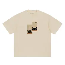 KAMU メンズ夏用猫デザイン半袖Tシャツ【アメリカンヴィンテージ・コットン・ルーズフィット】